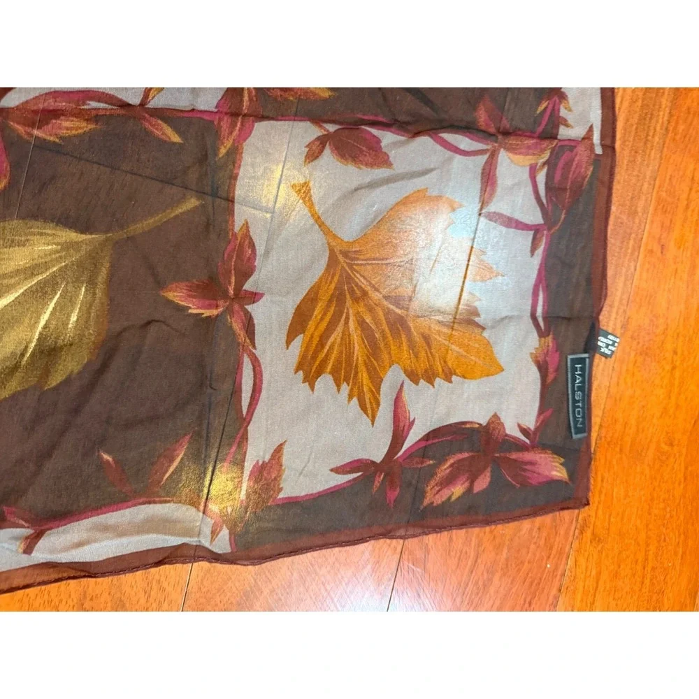 Halston Silk Scarf Autumn Leaves Sheer | Black White Brown |‎ 20
